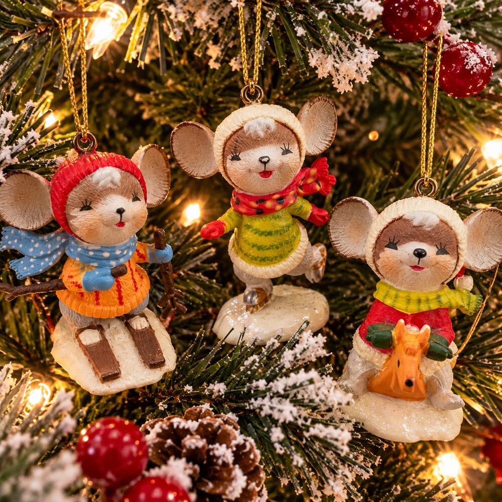 Christmas Around the World Outdoor Mice Ornaments Set of 3 Winter Sports Vintage